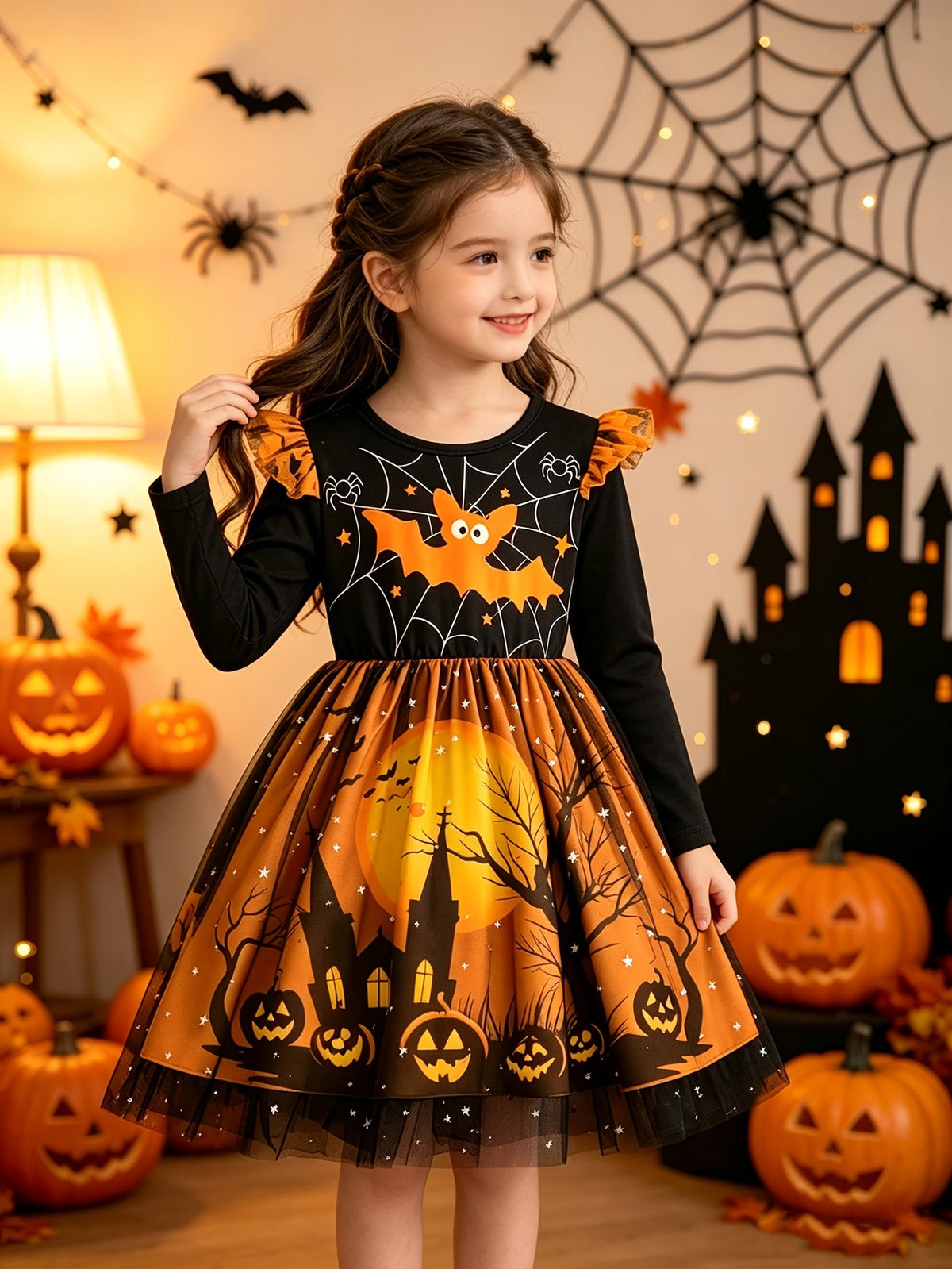 Halloween jurk meisje in oranje en zwart