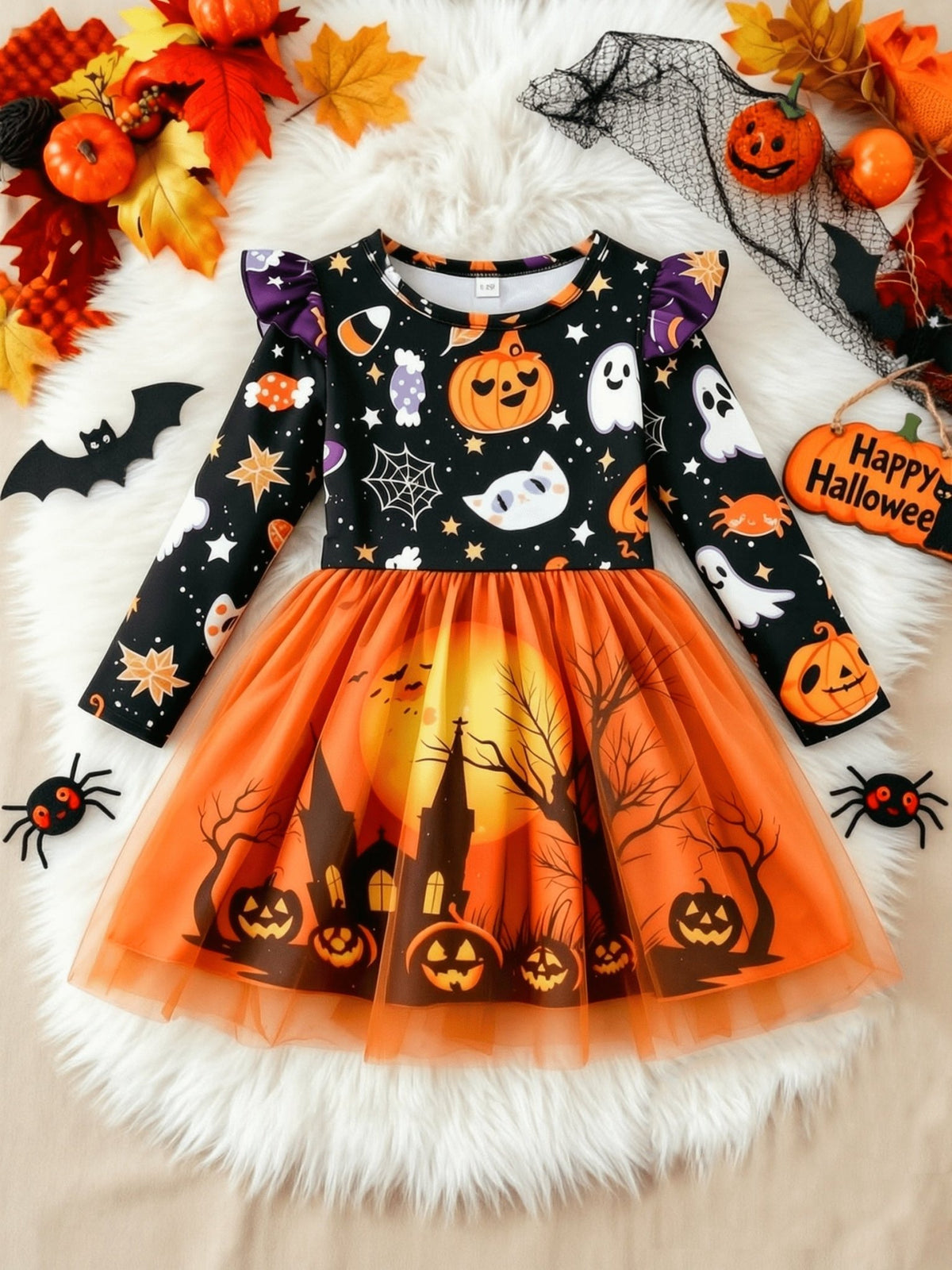 Oranje Halloween jurk met pompoen en spook