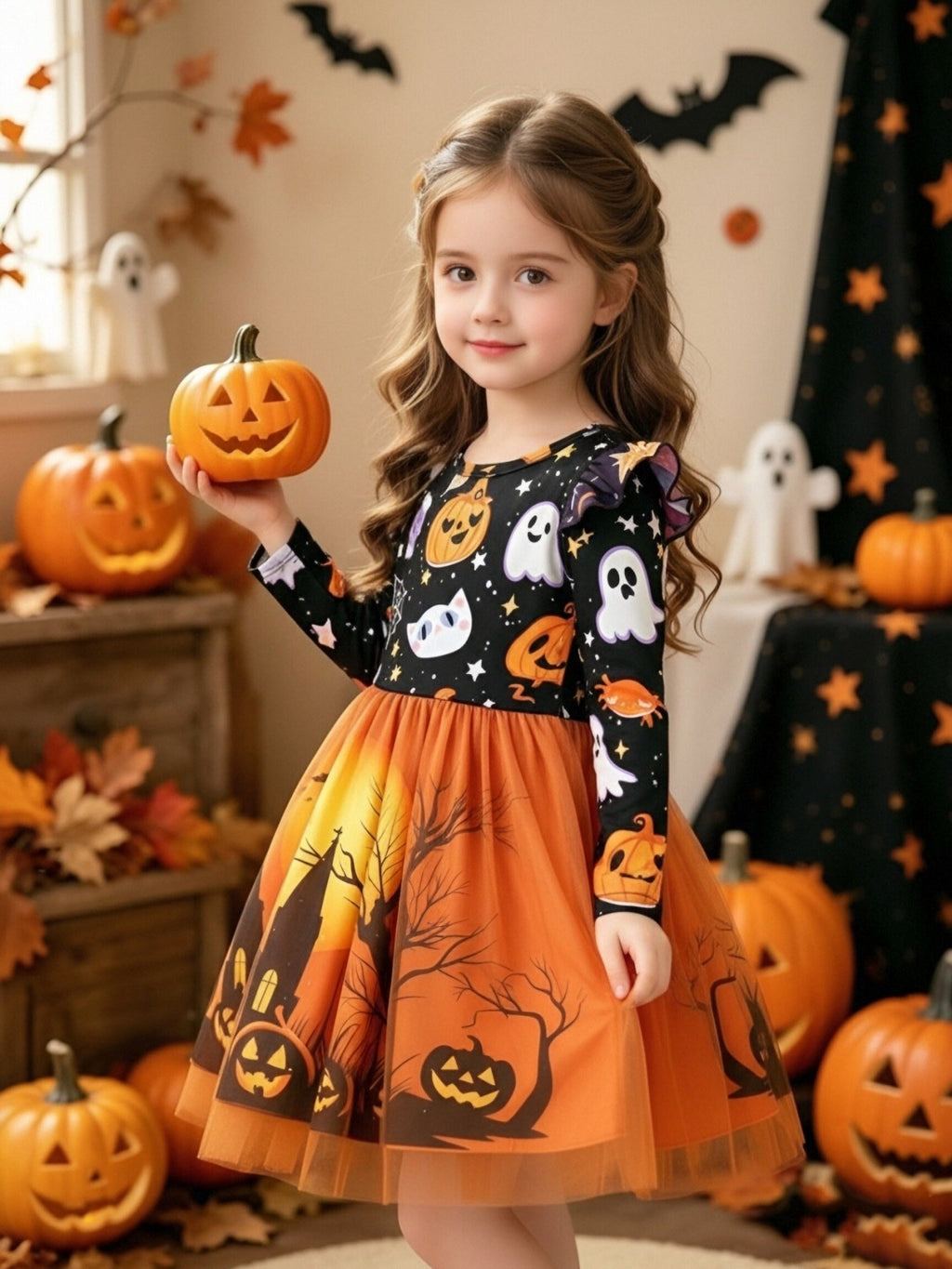 Oranje Halloween jurk met pompoen en spook