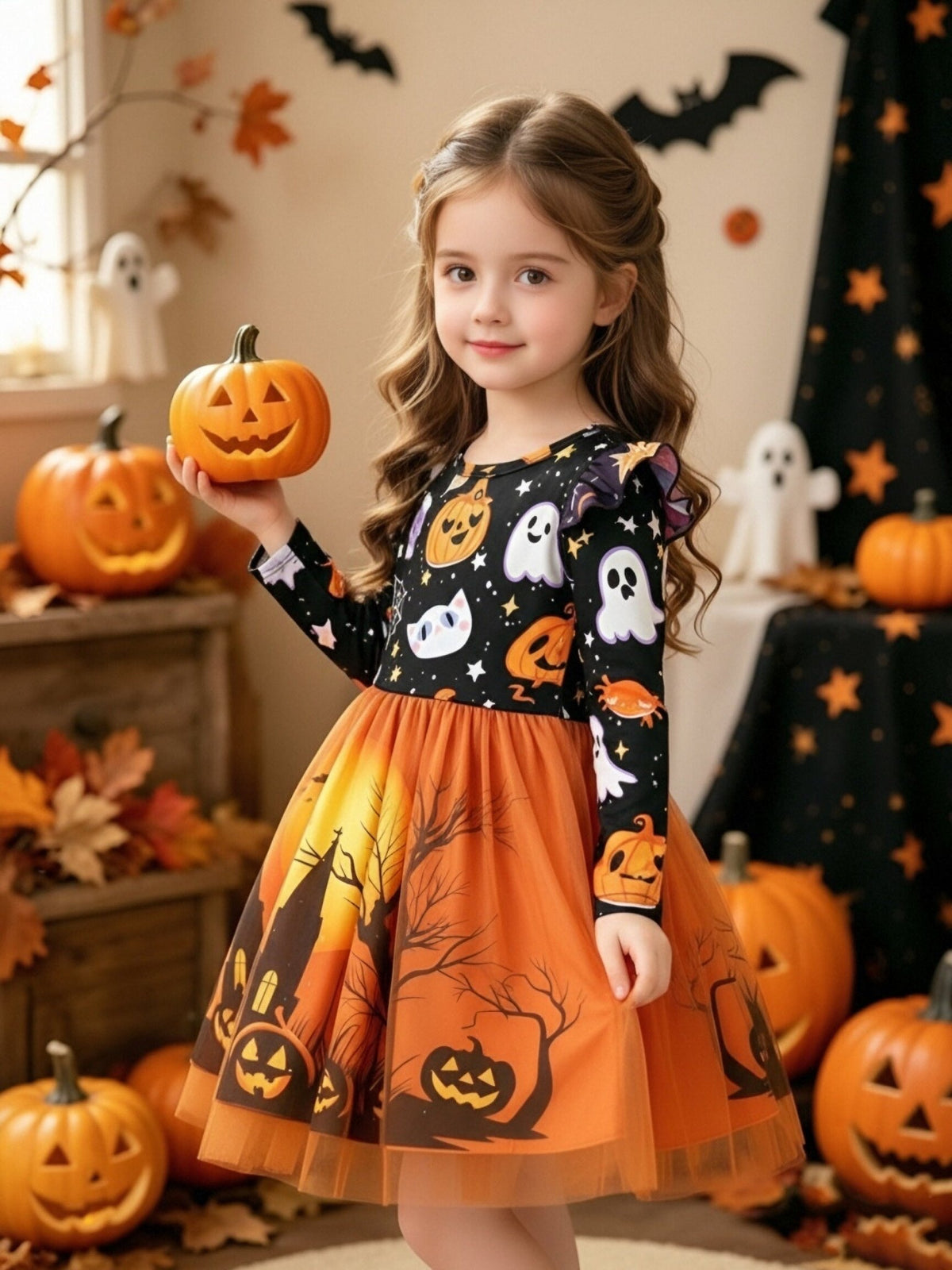 Oranje Halloween jurk met pompoen en spook