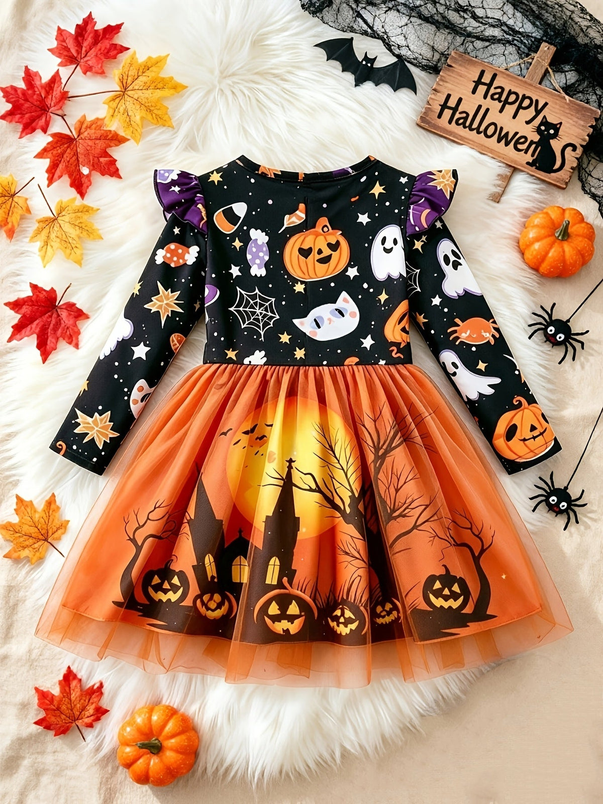 Oranje Halloween jurk met pompoen en spook