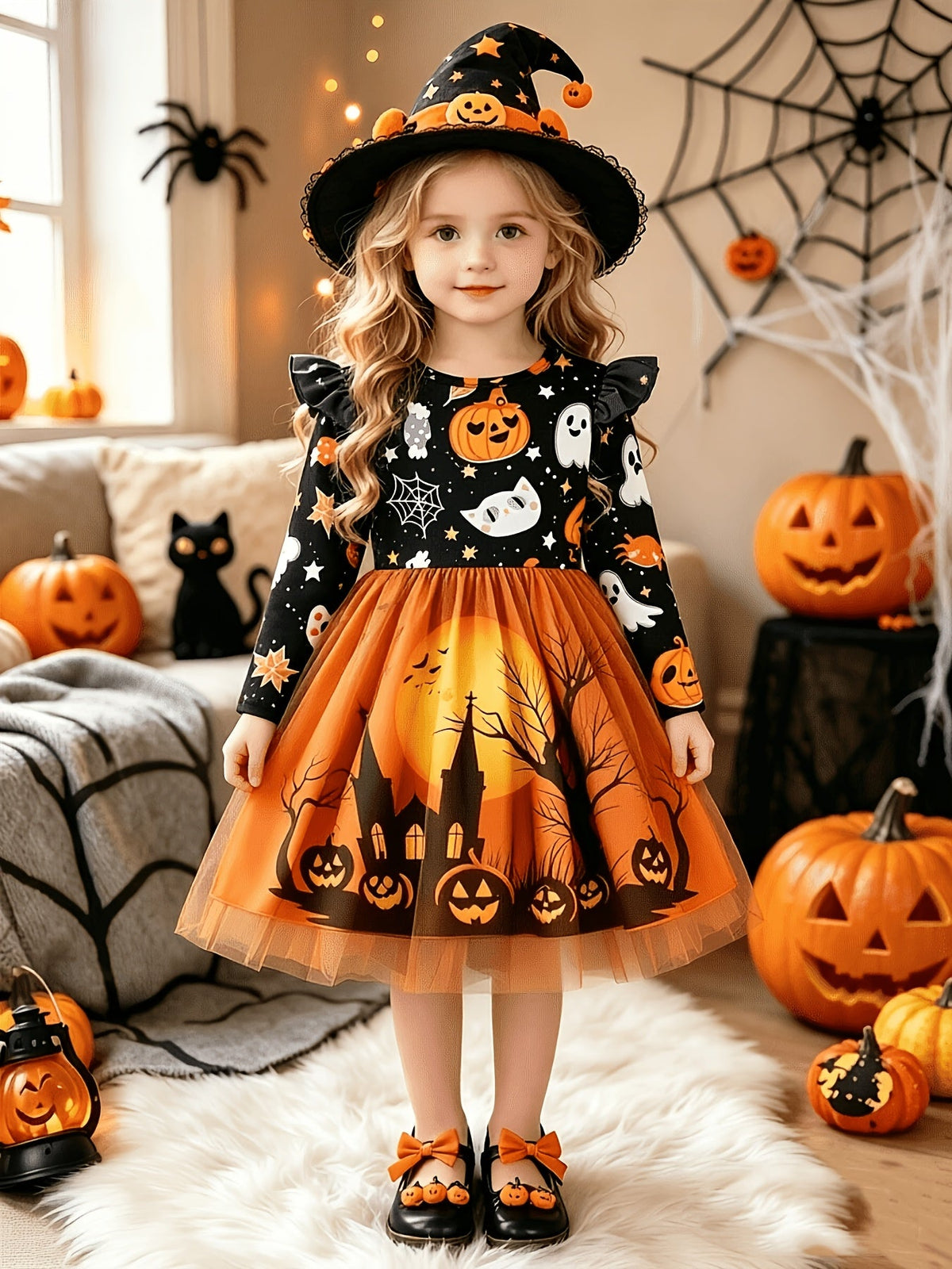 Oranje Halloween jurk met pompoen en spook