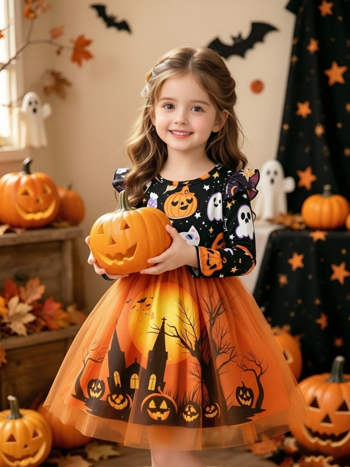 Oranje Halloween jurk met pompoen en spook