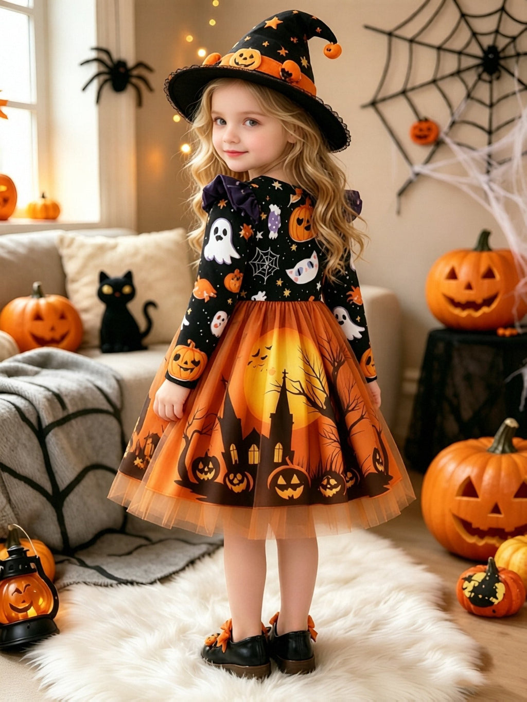 Oranje Halloween jurk met pompoen en spook