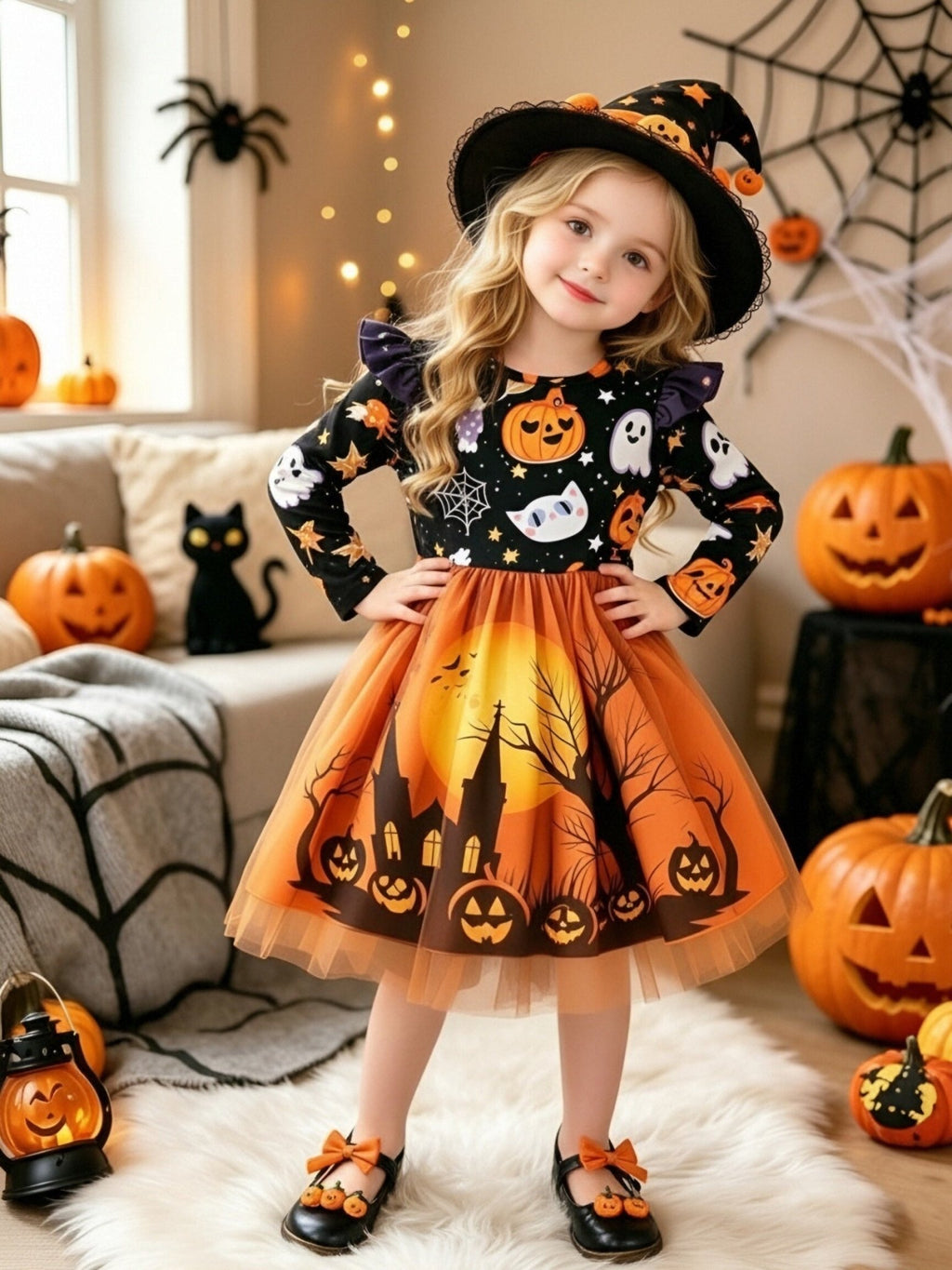 Oranje Halloween jurk met pompoen en spook