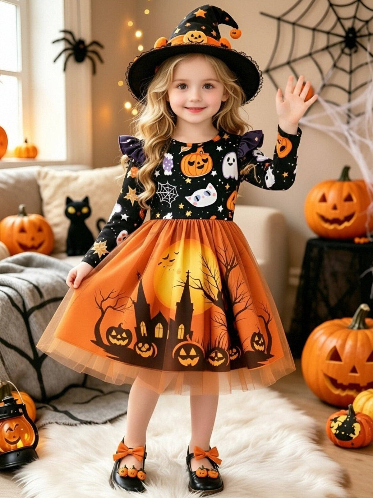 Oranje Halloween jurk met pompoen en spook
