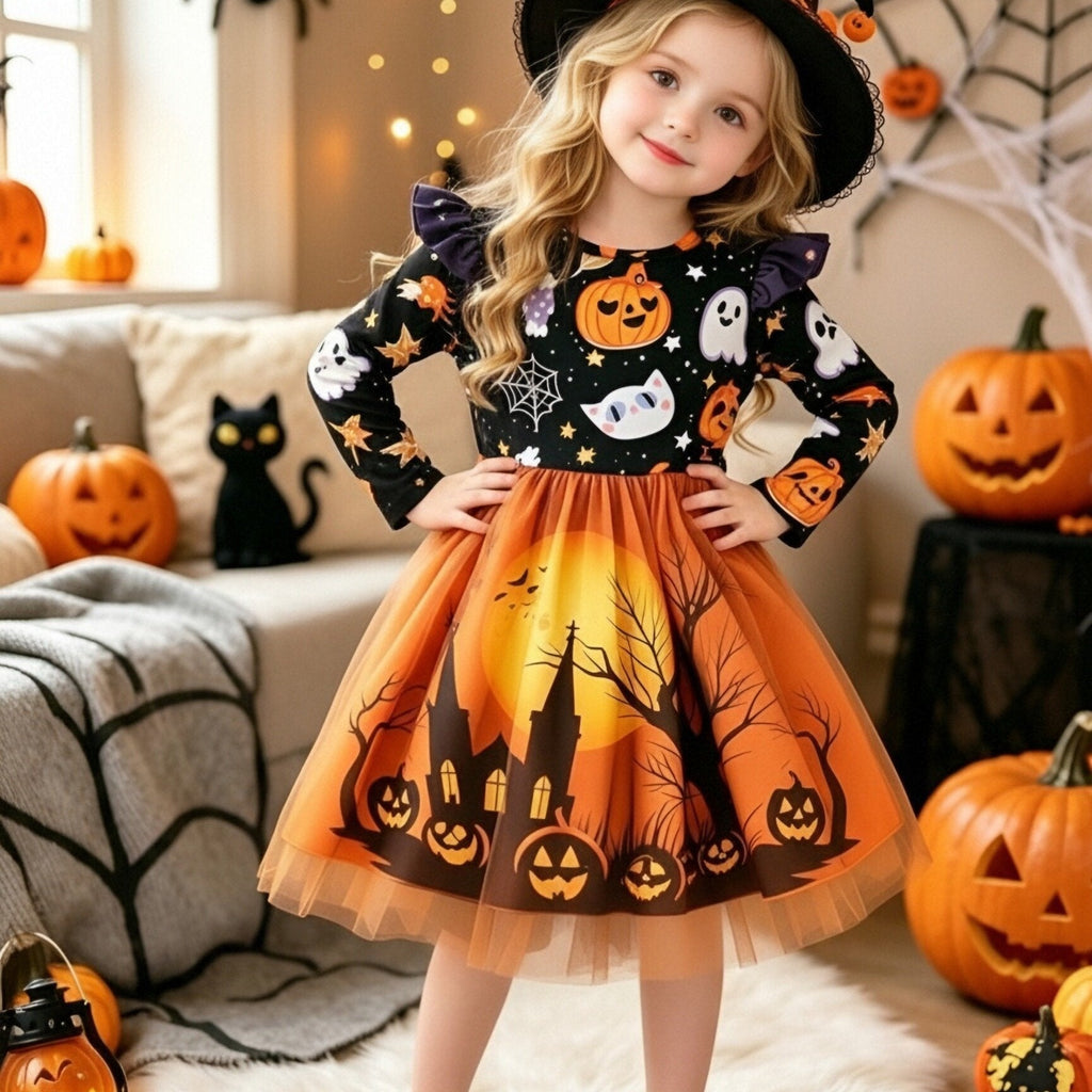 Oranje Halloween jurk met pompoen en spook