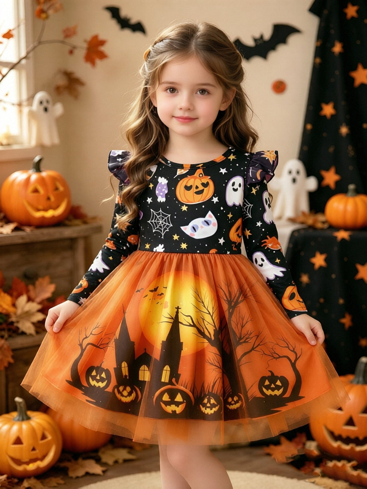 Oranje Halloween jurk met pompoen en spook