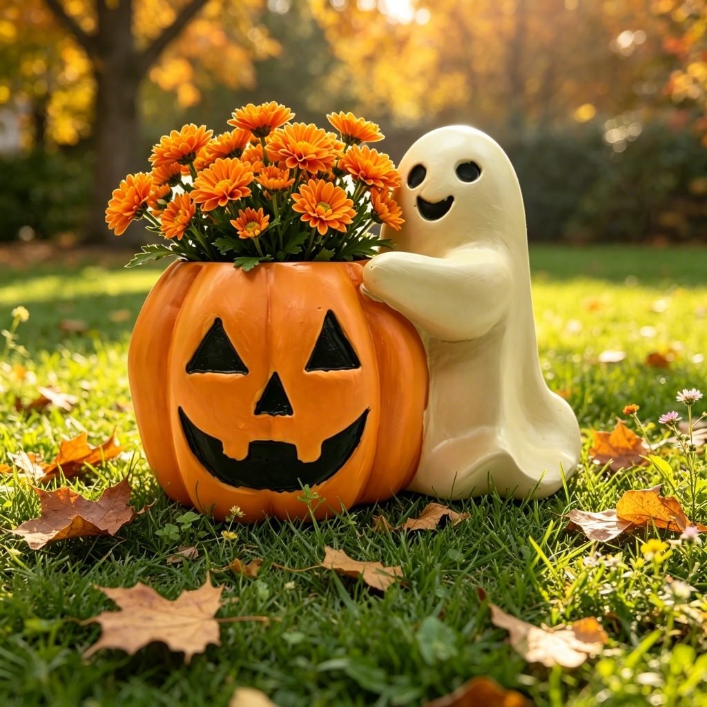 Halloween pompoen bloempot met spookdecoratie