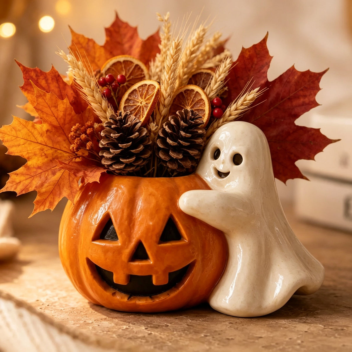 Halloween pompoen bloempot met spookdecoratie