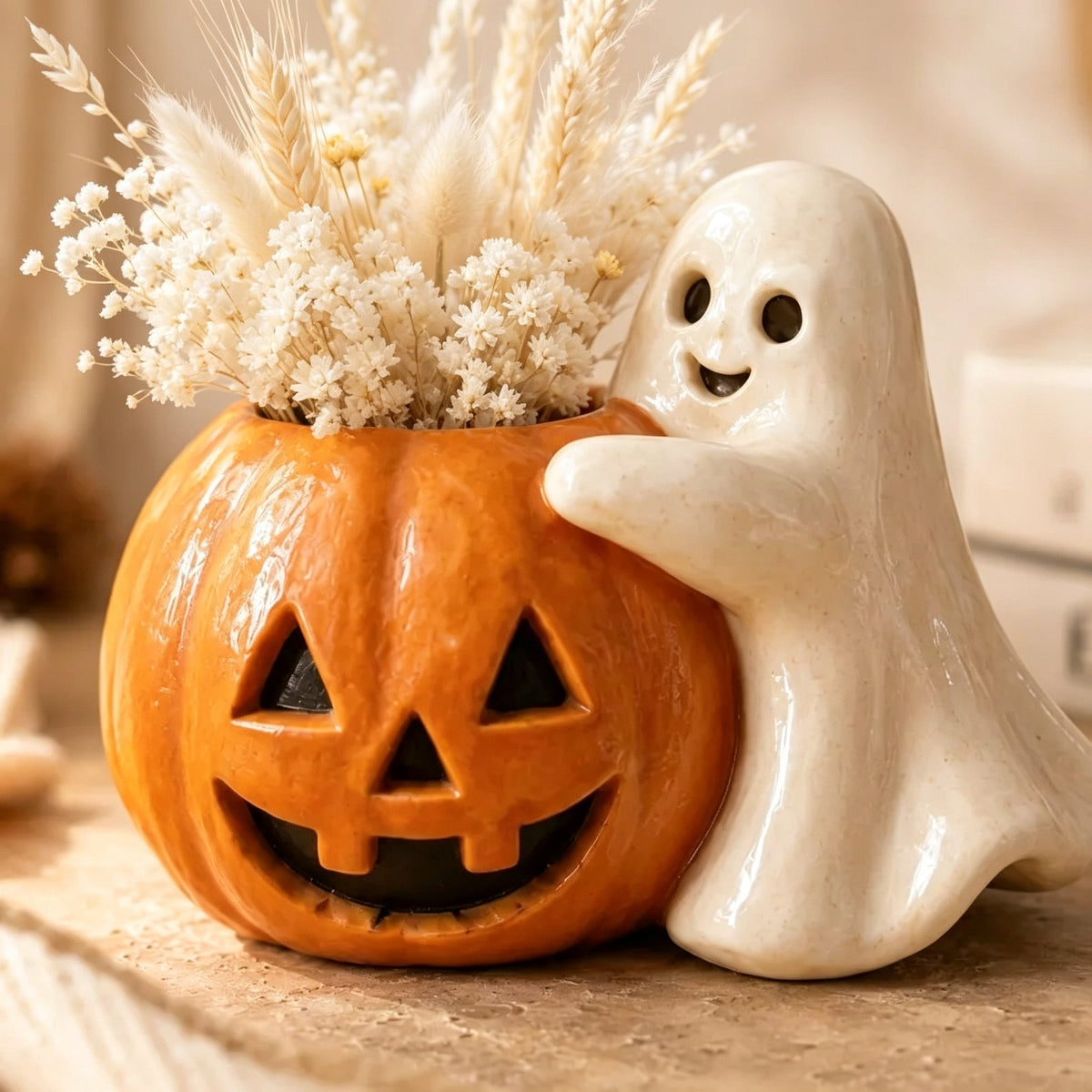 Halloween pompoen bloempot met spookdecoratie