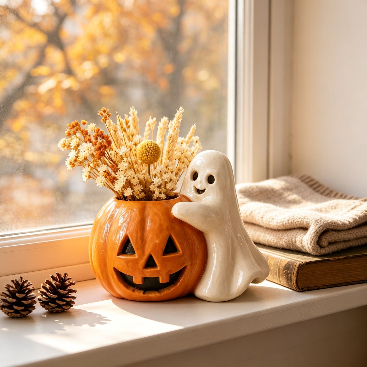 Halloween pompoen bloempot met spookdecoratie