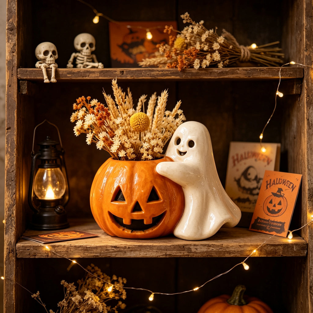 Halloween pompoen bloempot met spookdecoratie