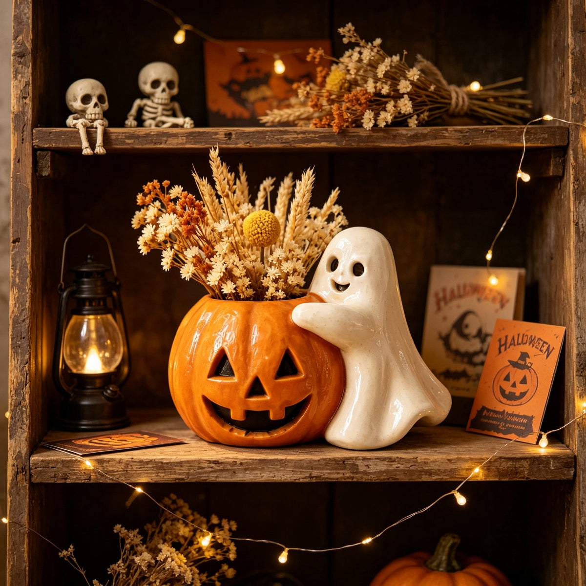Halloween pompoen bloempot met spookdecoratie