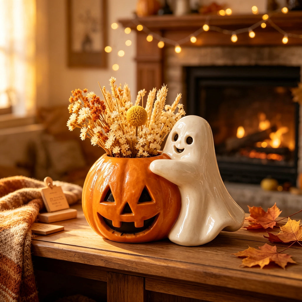 Halloween pompoen bloempot met spookdecoratie