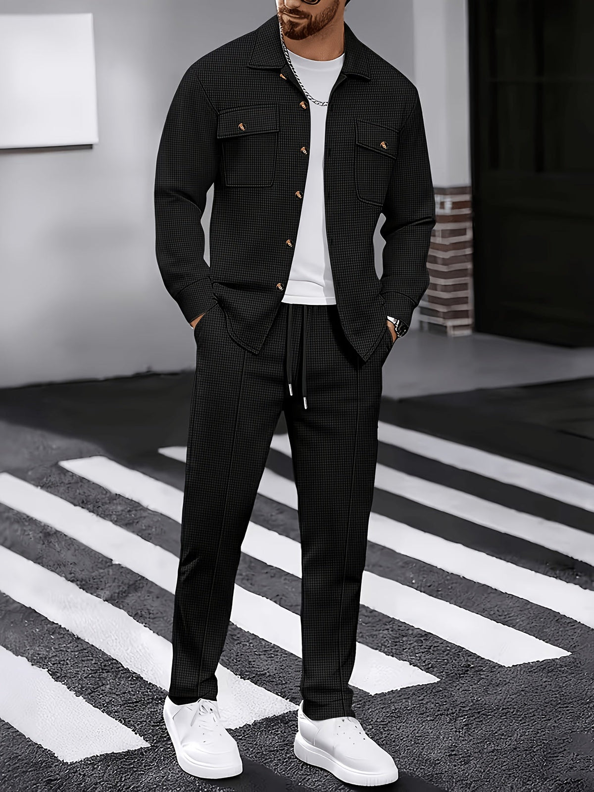 Heren 2-delige set met wafelstructuur shirt en broek
