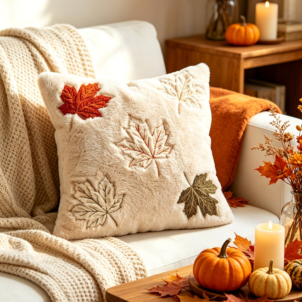 Herfst Kussensloop met Pompoenborduurwerk – Beige Pluche - Spotlights shopping