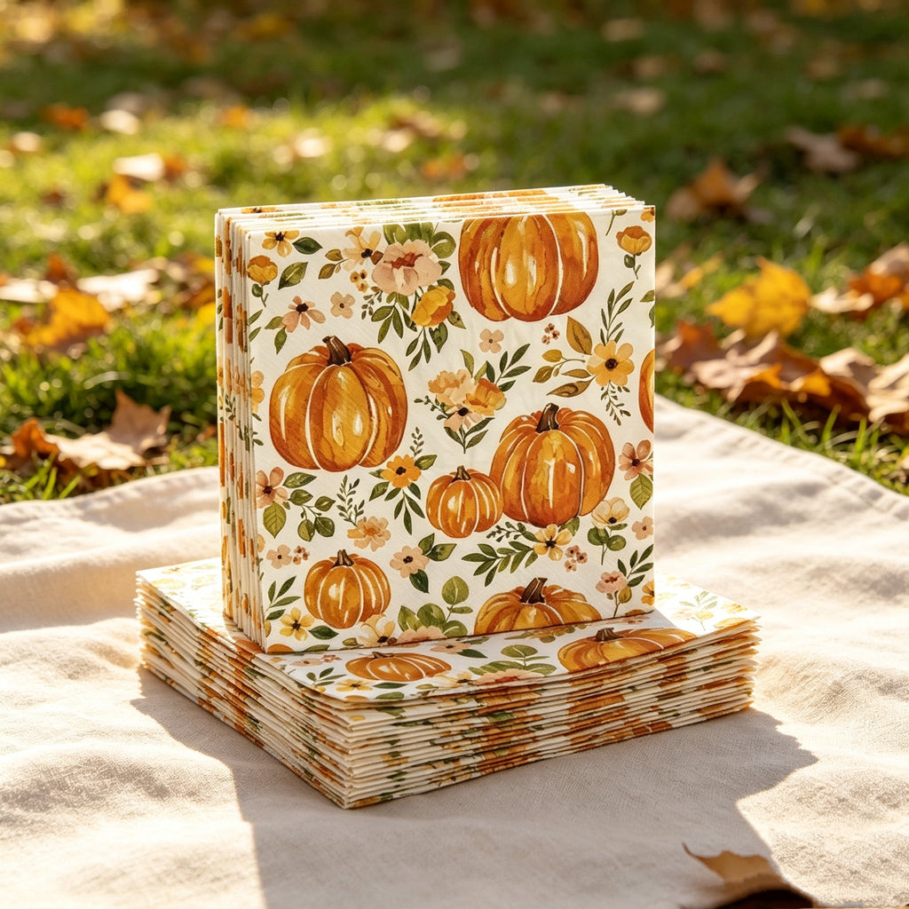 Herfst servetten 24 stuks met pompoen en esdoornblad