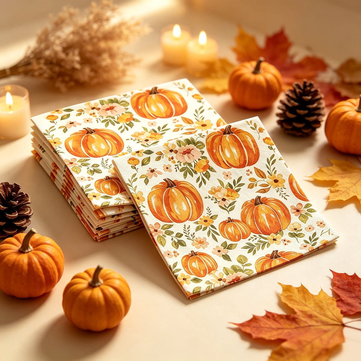 Herfst servetten 24 stuks met pompoen en esdoornblad