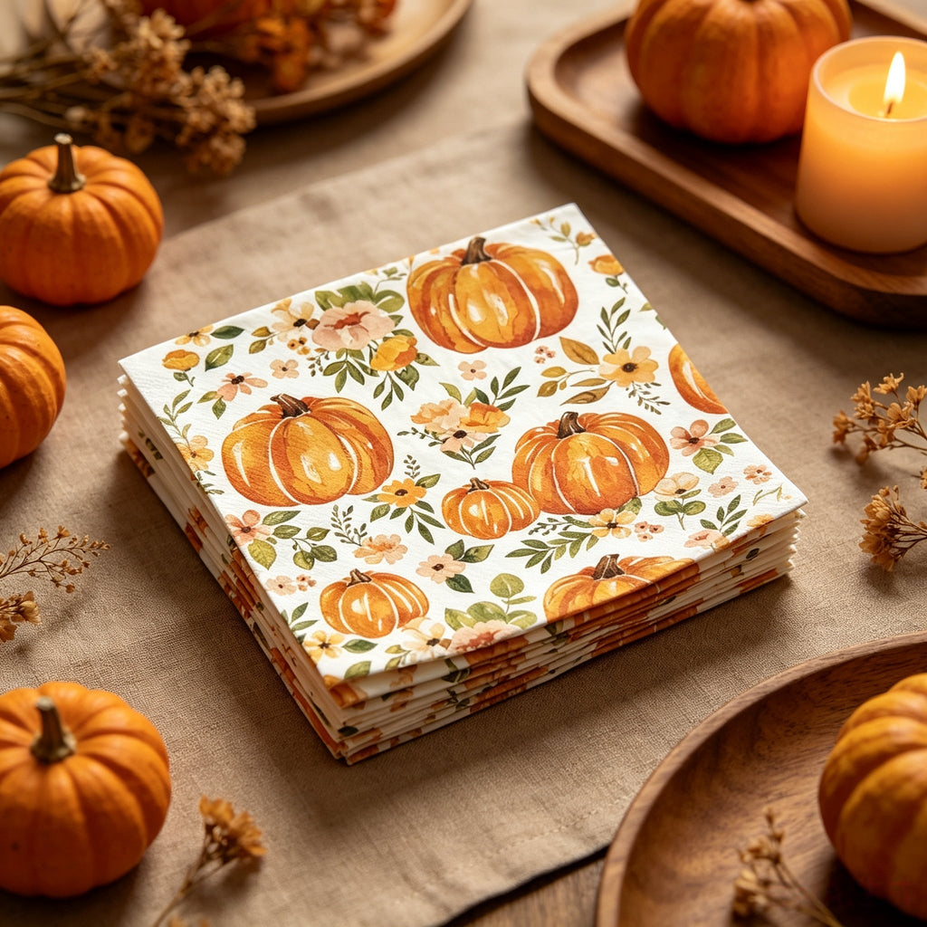 Herfst servetten 24 stuks met pompoen en esdoornblad