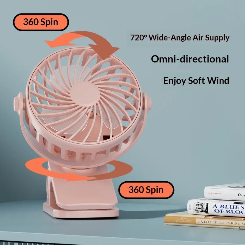 USB oplaadbare clip ventilator met 720 graden draaibare kop en ingebouwde LED-nachtlamp