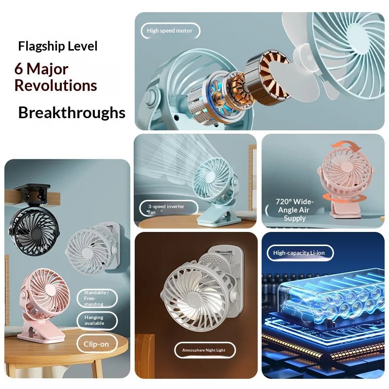 USB oplaadbare clip ventilator met 720 graden draaibare kop en ingebouwde LED-nachtlamp