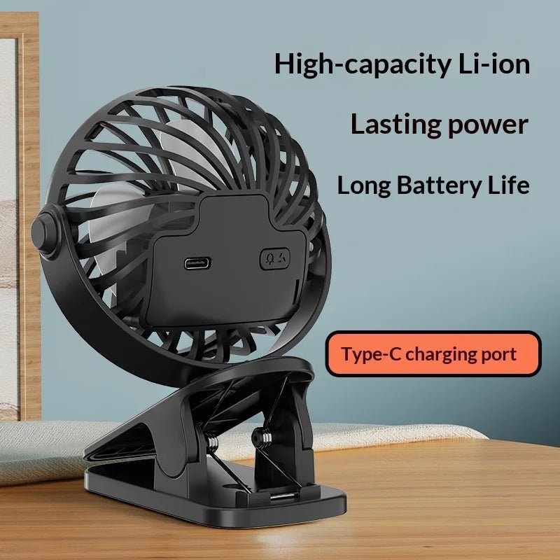 USB oplaadbare clip ventilator met 720 graden draaibare kop en ingebouwde LED-nachtlamp