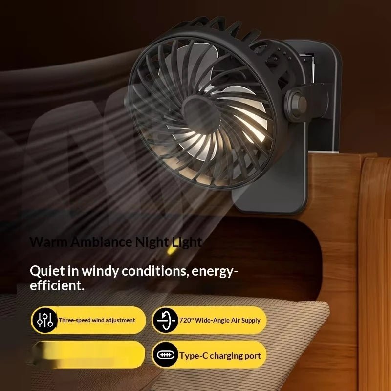 USB oplaadbare clip ventilator met 720 graden draaibare kop en ingebouwde LED-nachtlamp