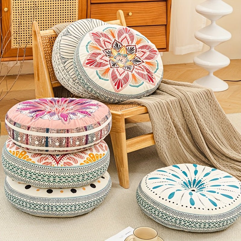 Rond Bohemian zitkussen met etnisch patroon, verdikte vulling en antislip onderzijde voor stoel, vloer en yoga