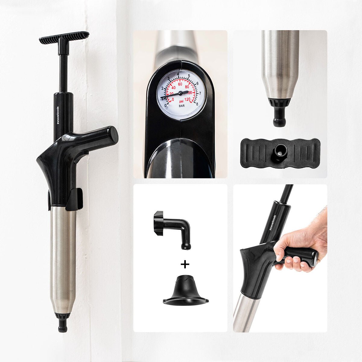 Jetpro hogedruk persluchtontstopper 8 bar met manometer en adapters