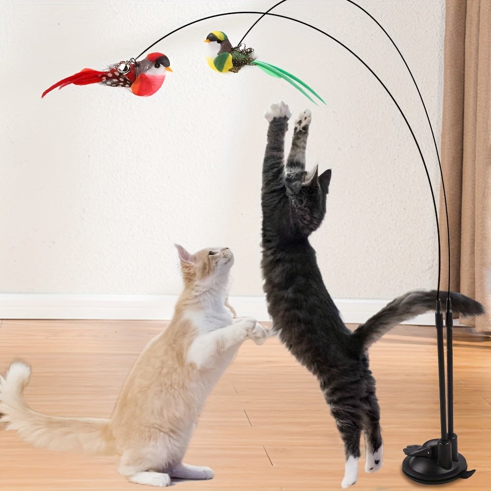 Interactief kattenspeeltje met dubbele speelstang, veren en krachtige zuignap voor zelfstandig speelplezier