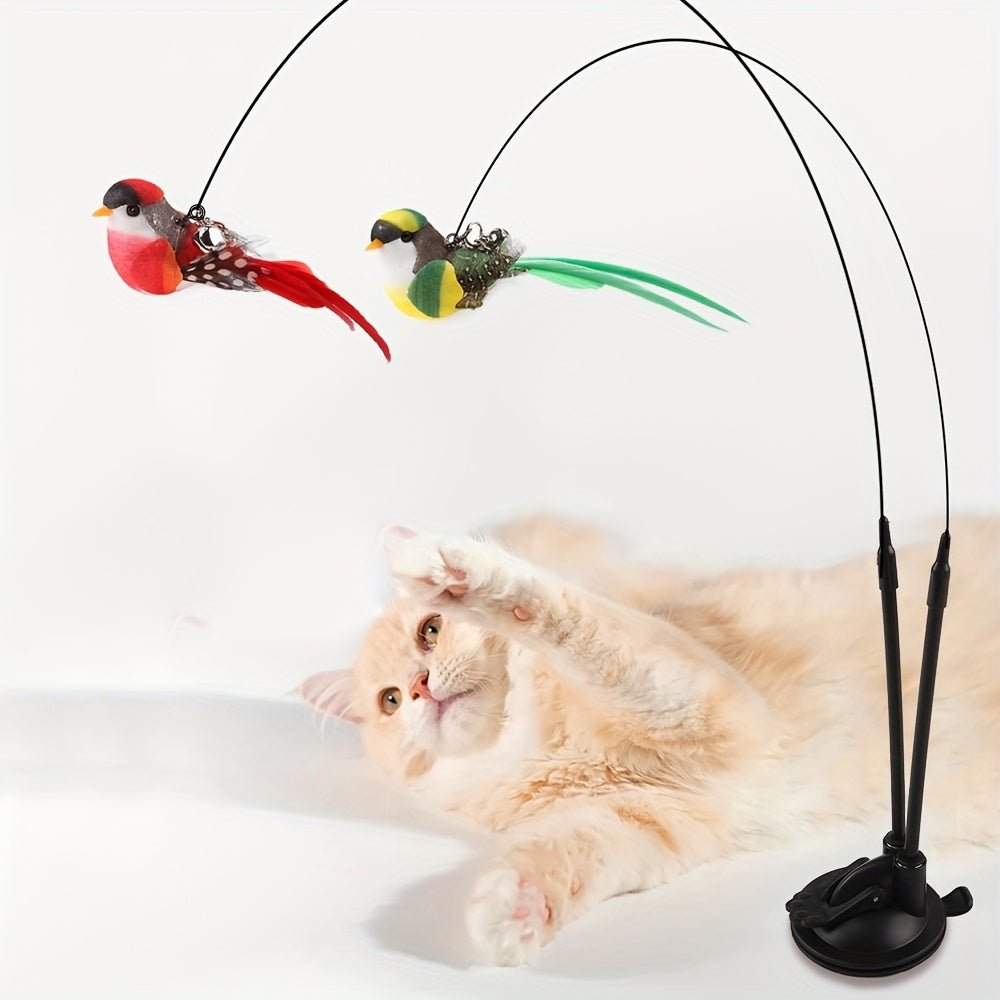 Interactief kattenspeeltje met dubbele speelstang, veren en krachtige zuignap voor zelfstandig speelplezier
