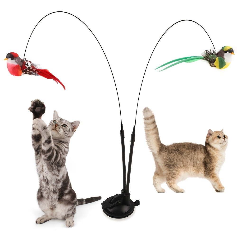 Interactief kattenspeeltje met dubbele speelstang, veren en krachtige zuignap voor zelfstandig speelplezier