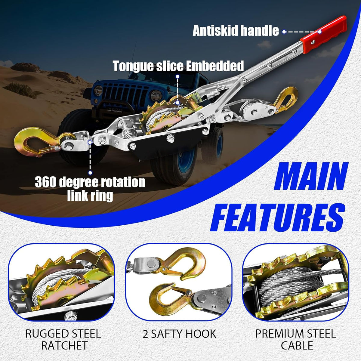 Kabeltrekker 4 ton – Heavy Duty met Stalen Kabel en Dubbele Tandwielen - Spotlights shopping