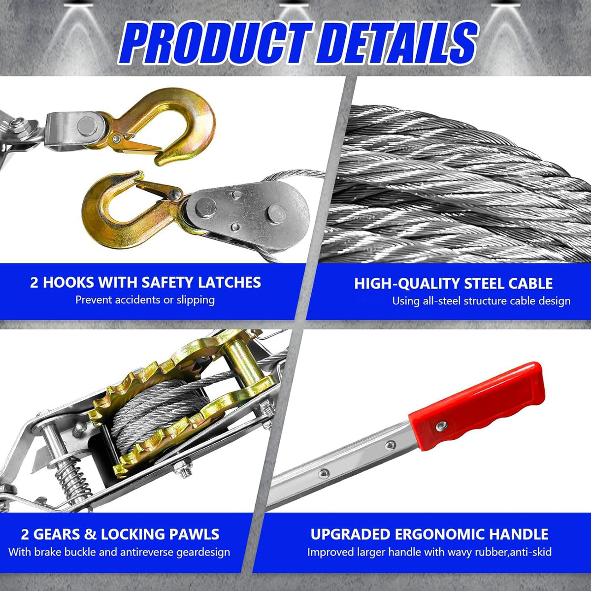 Kabeltrekker 4 ton – Heavy Duty met Stalen Kabel en Dubbele Tandwielen - Spotlights shopping