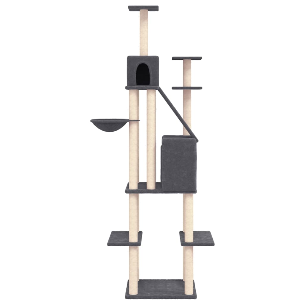 Donkergrijze kattenboom van 201 cm met 2 huisjes, mandje en sisal krabpalen