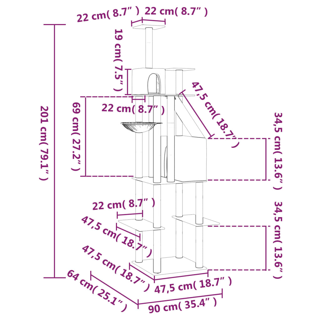 Donkergrijze kattenboom van 201 cm met 2 huisjes, mandje en sisal krabpalen