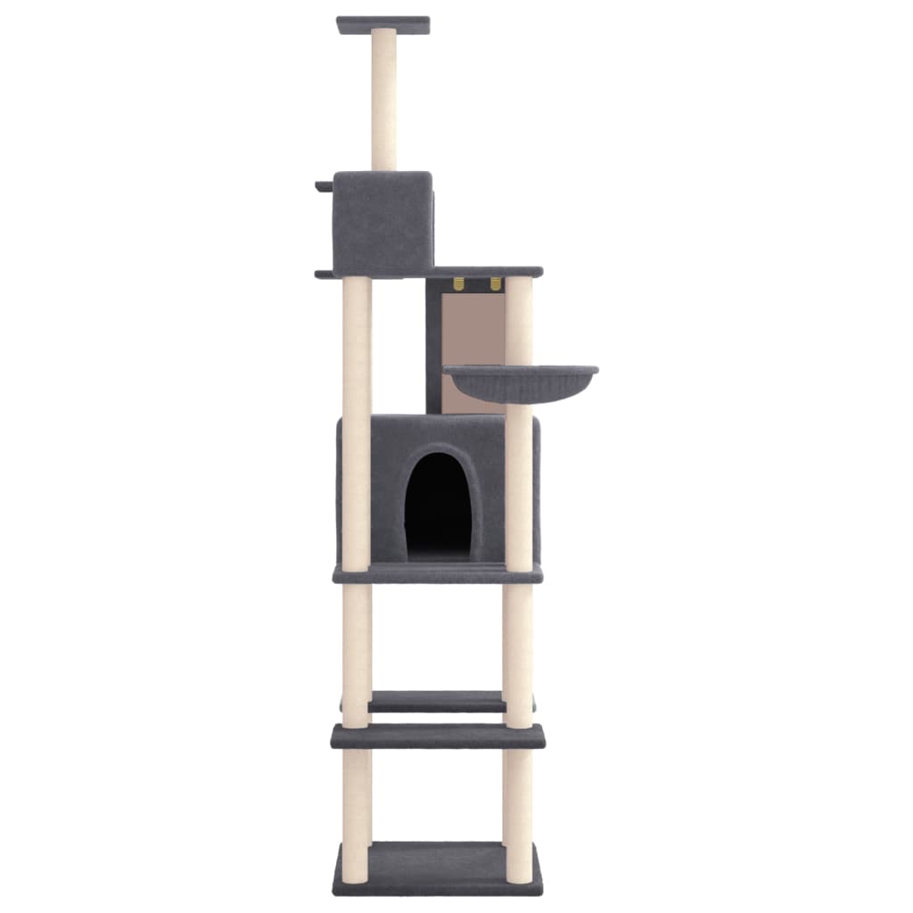 Donkergrijze kattenboom van 201 cm met 2 huisjes, mandje en sisal krabpalen