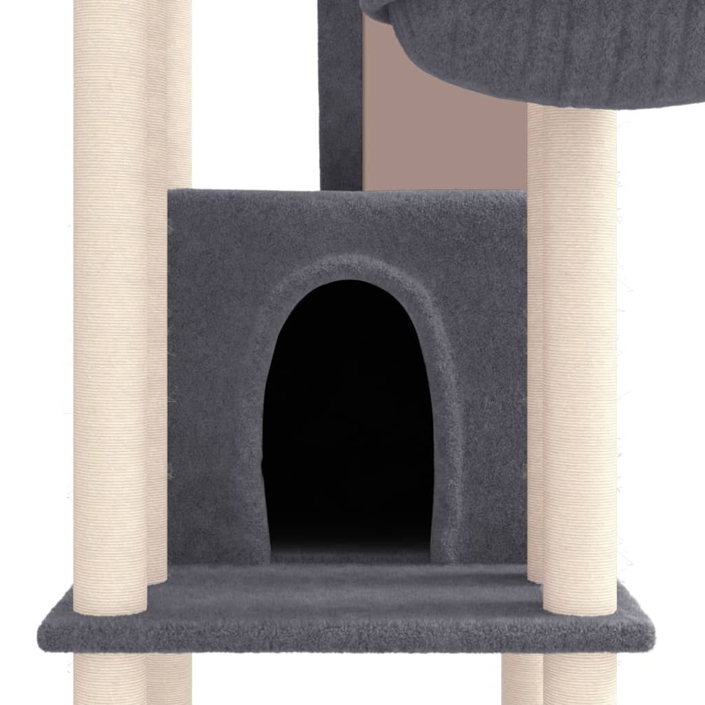 Donkergrijze kattenboom van 201 cm met 2 huisjes, mandje en sisal krabpalen