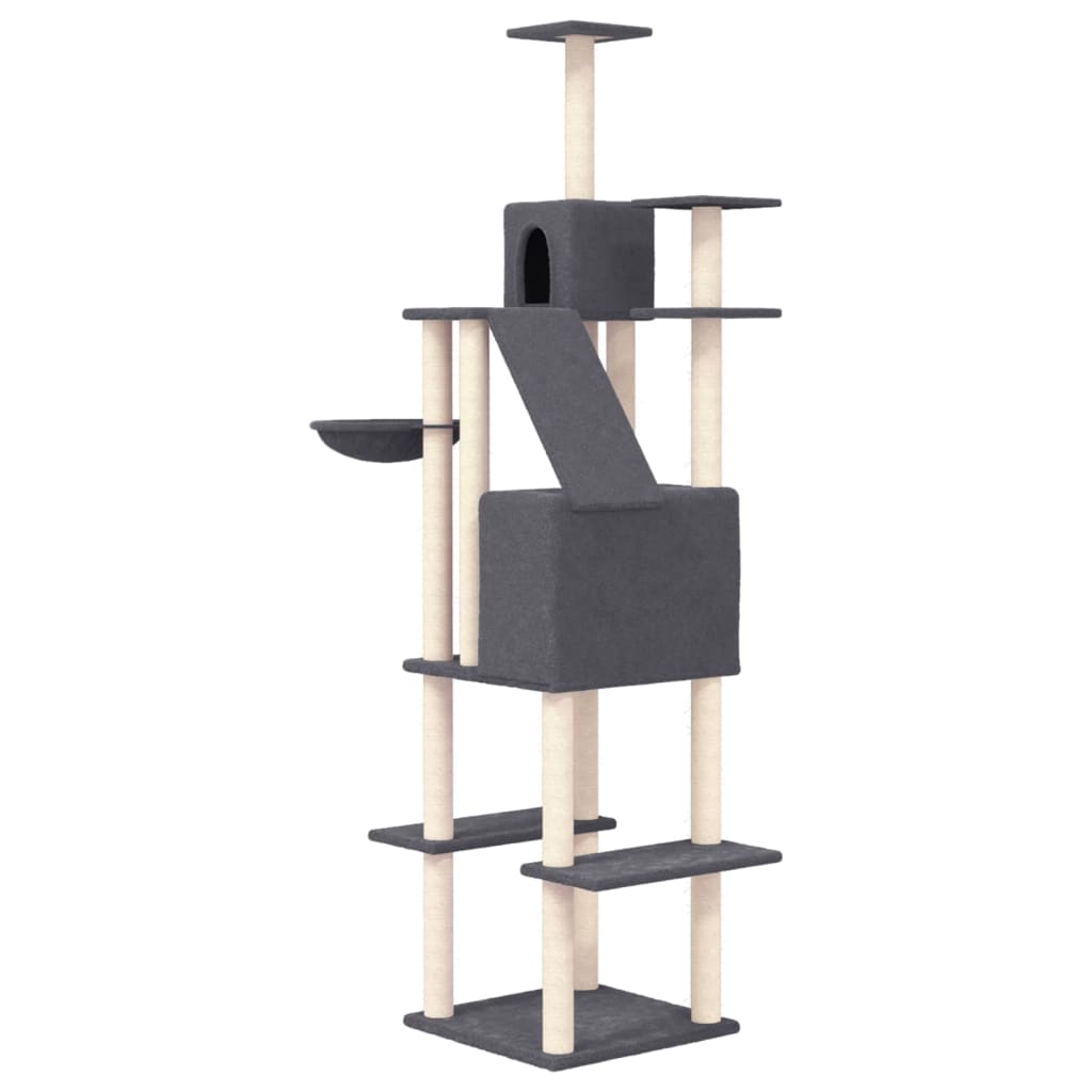 Donkergrijze kattenboom van 201 cm met 2 huisjes, mandje en sisal krabpalen