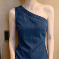 Luxe blauwe slim fit denim top zonder mouwen voor dames