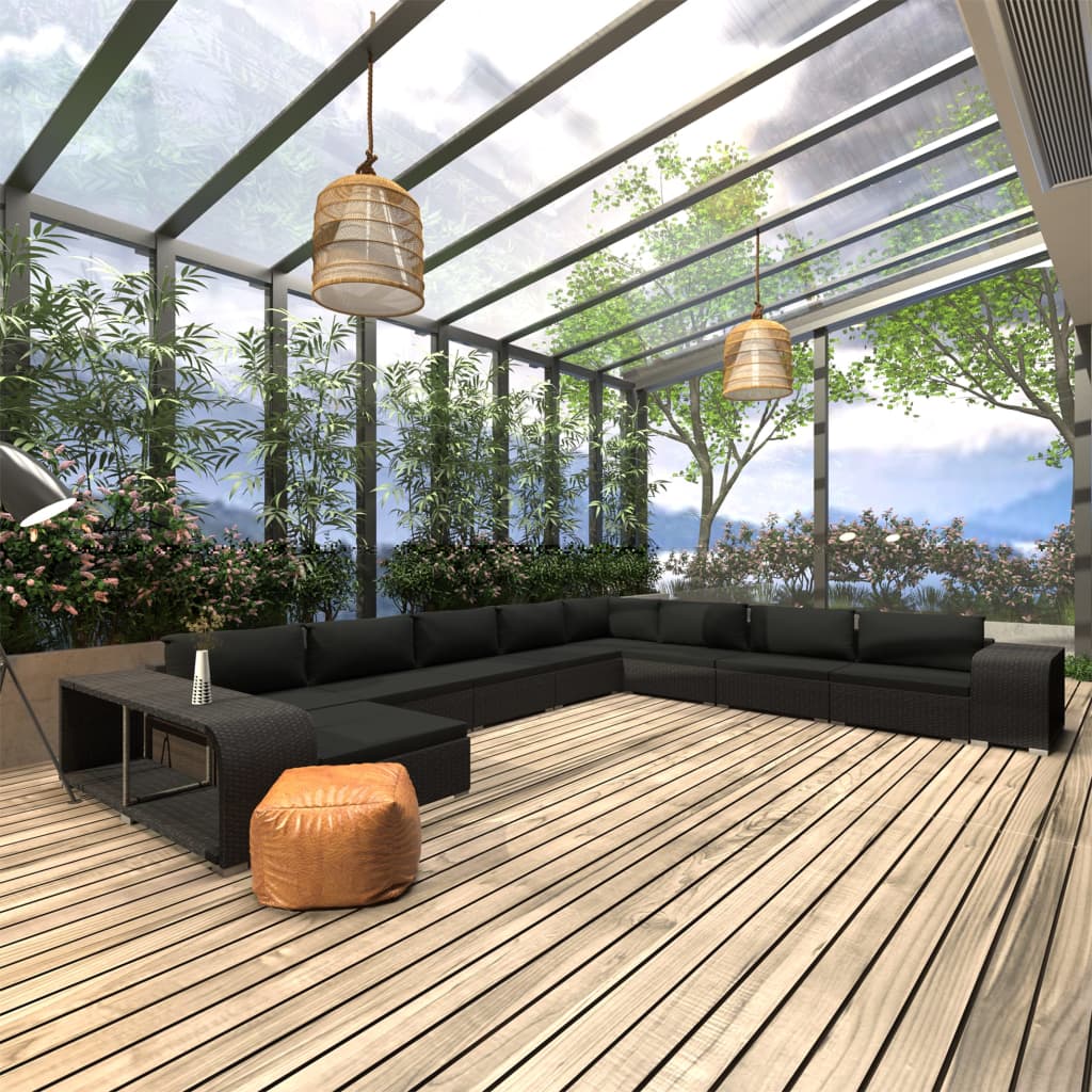 11-delige zwarte PE-rattan loungeset met comfortabele kussens en twee bijzettafels voor tuin of terras