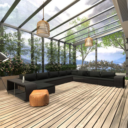11-delige zwarte PE-rattan loungeset met comfortabele kussens en twee bijzettafels voor tuin of terras