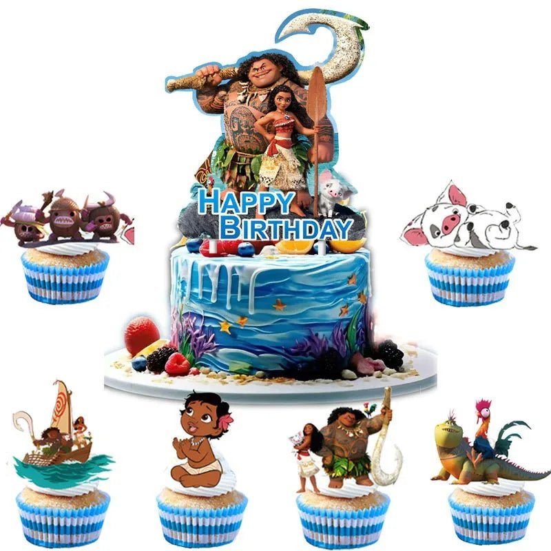 Moana taartdecoratie met cupcake toppers voor een kinderverjaardag