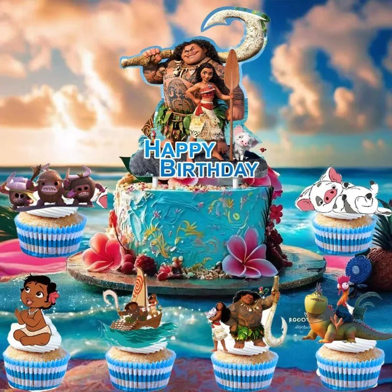 Moana taartdecoratie met cupcake toppers voor een kinderverjaardag
