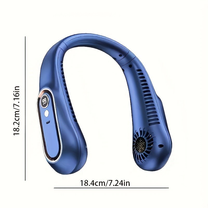 Draadloze bladloze nekventilator met digitaal display en USB-C oplaadfunctie