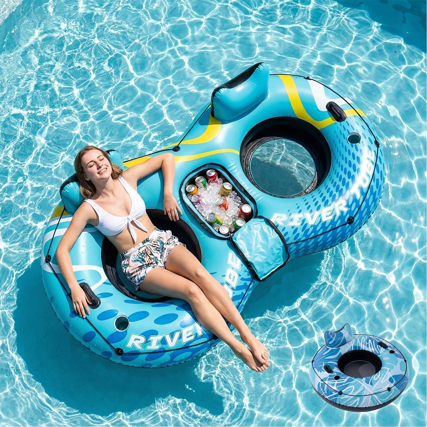 Opblaasbare rivier tube met koelbox, bekerhouders en ergonomische rugleuning voor ontspanning op het water