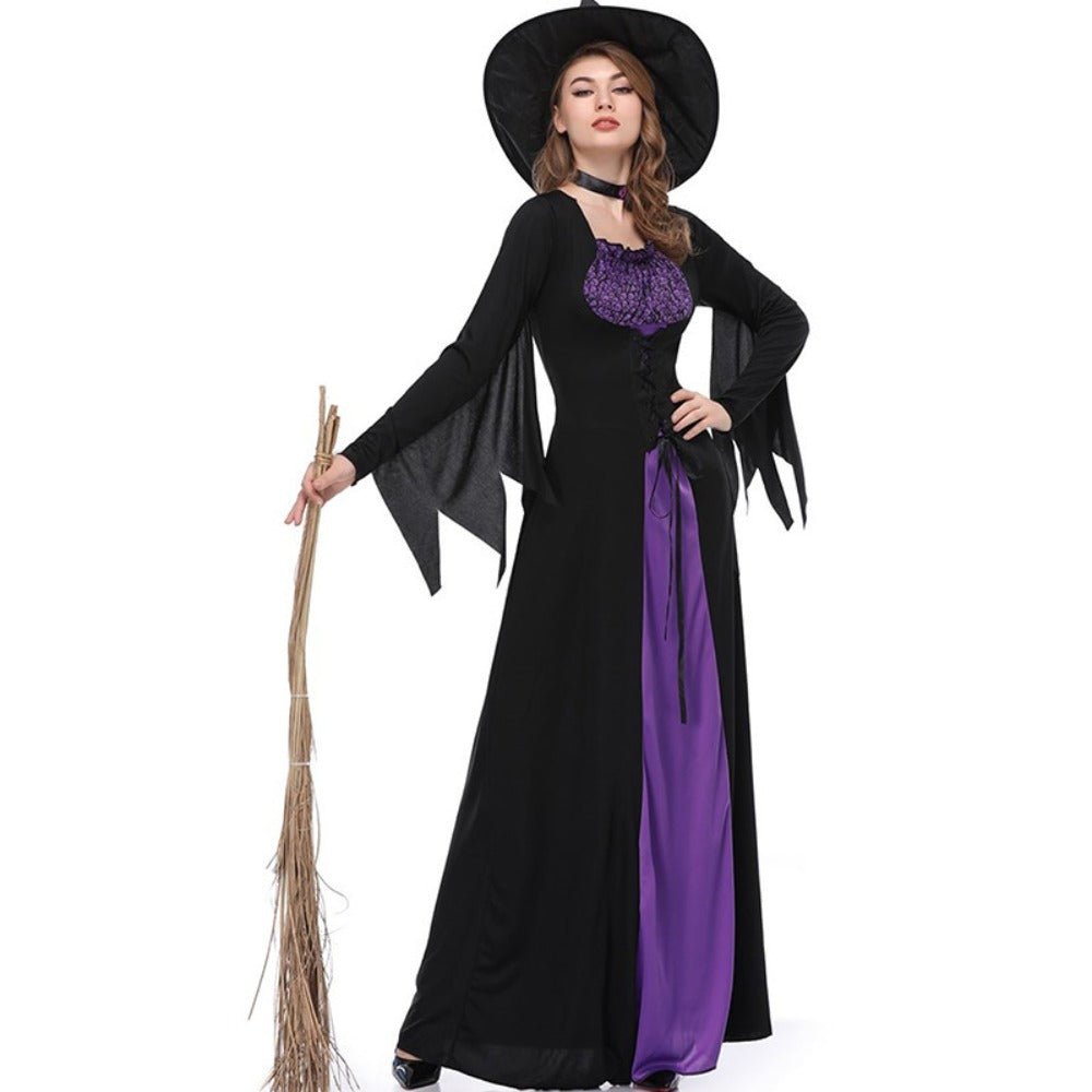 Dames Halloween kostuum met paarse heksenmantel