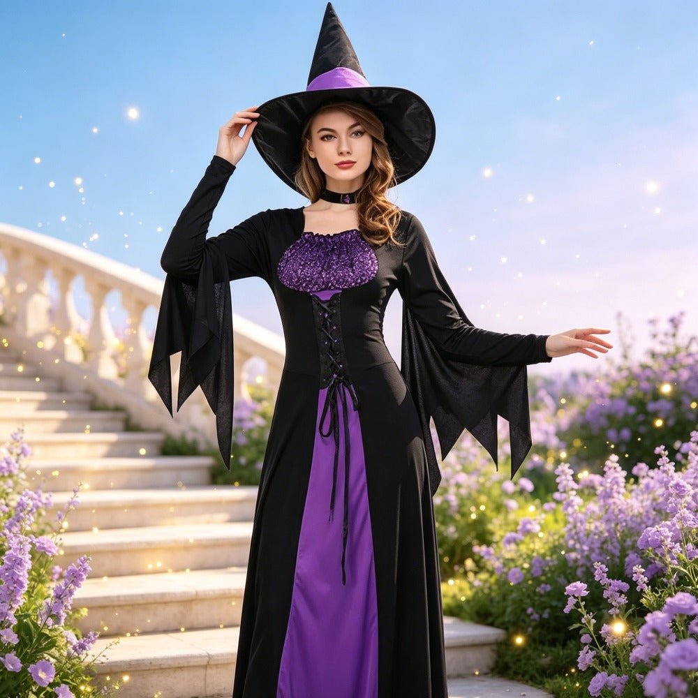 Dames Halloween kostuum met paarse heksenmantel