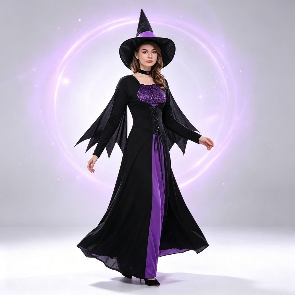 Dames Halloween kostuum met paarse heksenmantel